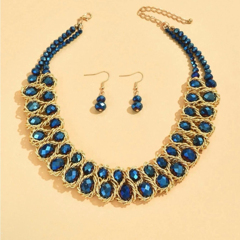 Elegant Blue and Gold Faceted Necklace and Earring Set NEW!